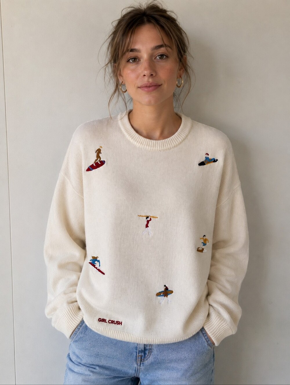 Girl Crush Women’s Cream Embroidered Surfer Sweater Size Small